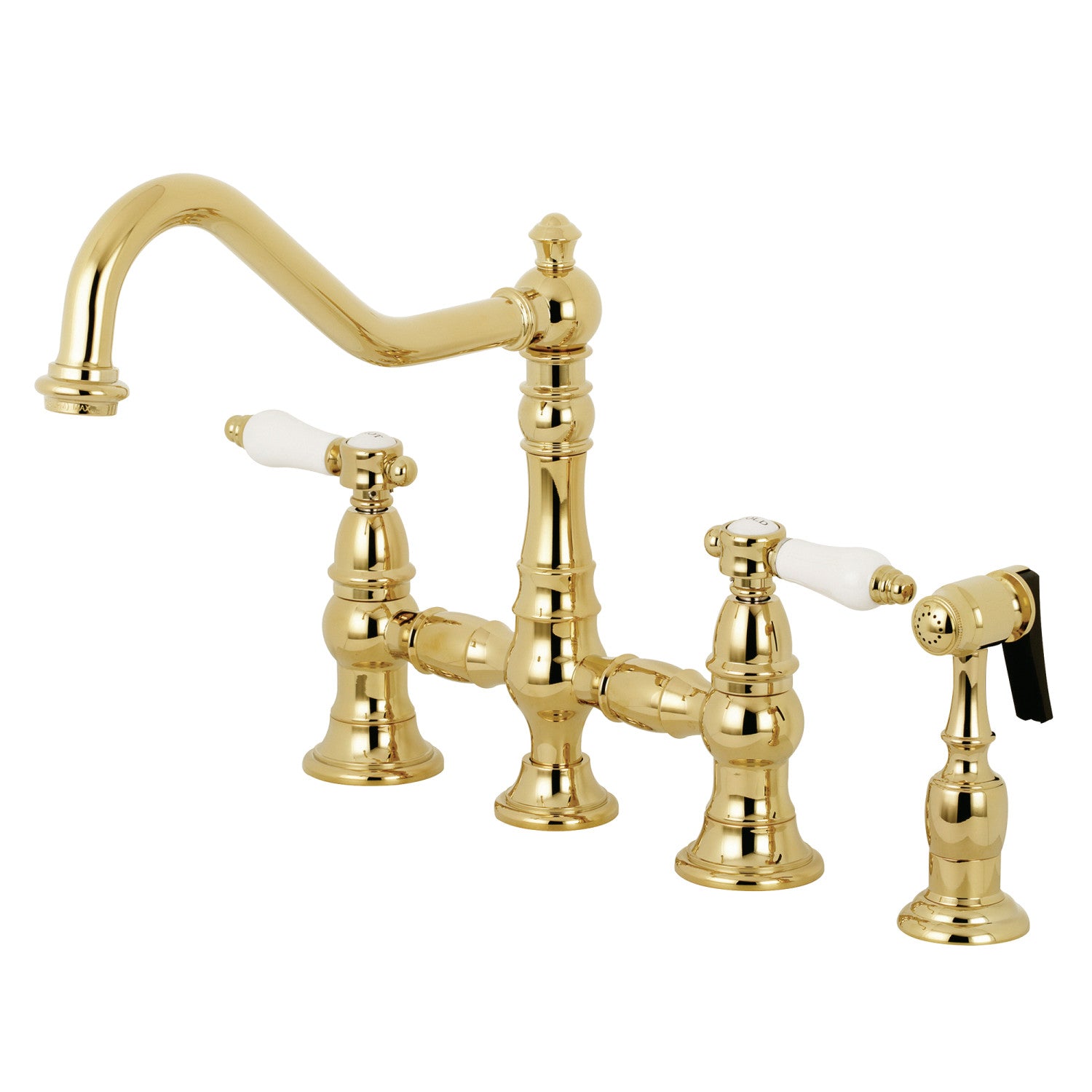 Kingston Heirloom KS3272BPLBS - Bel-Air Two-Handle 4-Hole Deck Mount Bridge Kitchen Faucet with Brass Sprayer, Polished Brass — image 1